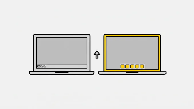 Două laptopuri: sistem de operare mai vechi și versiunea mai nouă, cu săgeată de upgrade